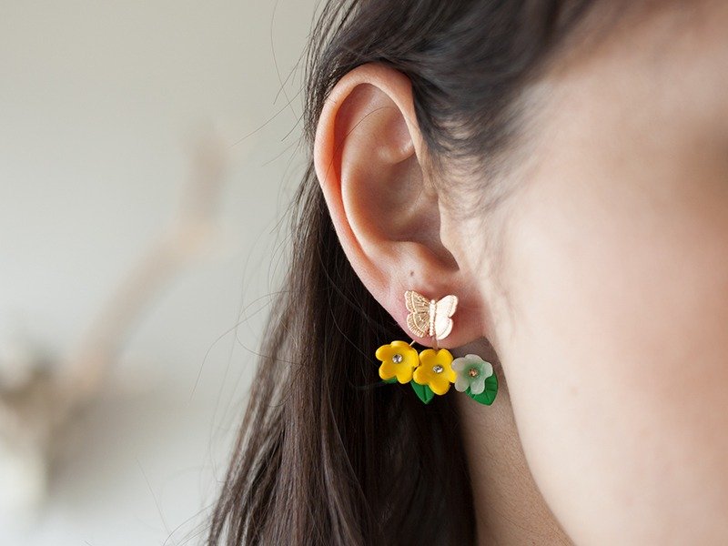 花畑キャッチピアス/イヤリング（黄色） - 耳环/耳夹 - 粘土 黄色