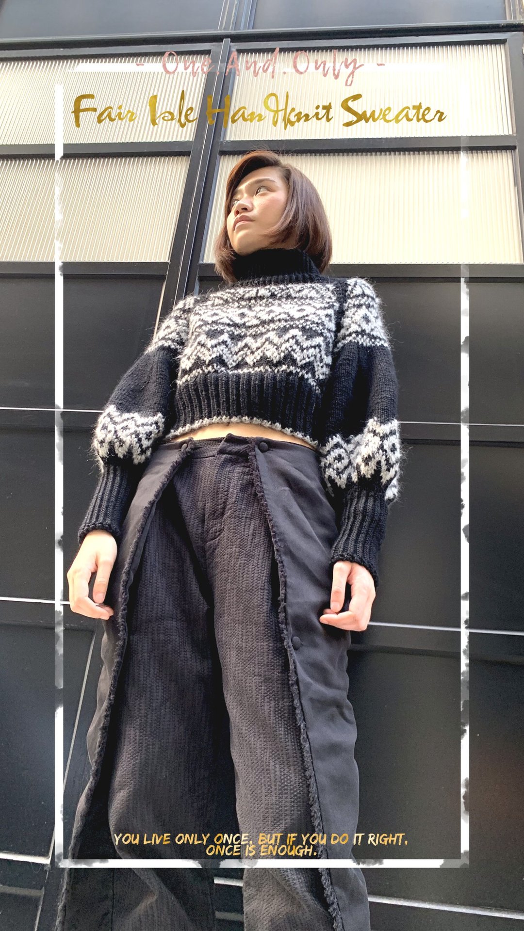 --原创*手工--编织高领小泡袖短身羊毛毛衣 - 女装针织衫/毛衣 - 羊毛 黑色