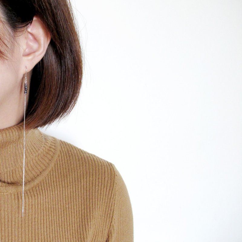 【单边款】- 天然小米粒黑珍珠串珠超长银链造型925纯银耳环 - 耳环/耳夹 - 珍珠 黑色