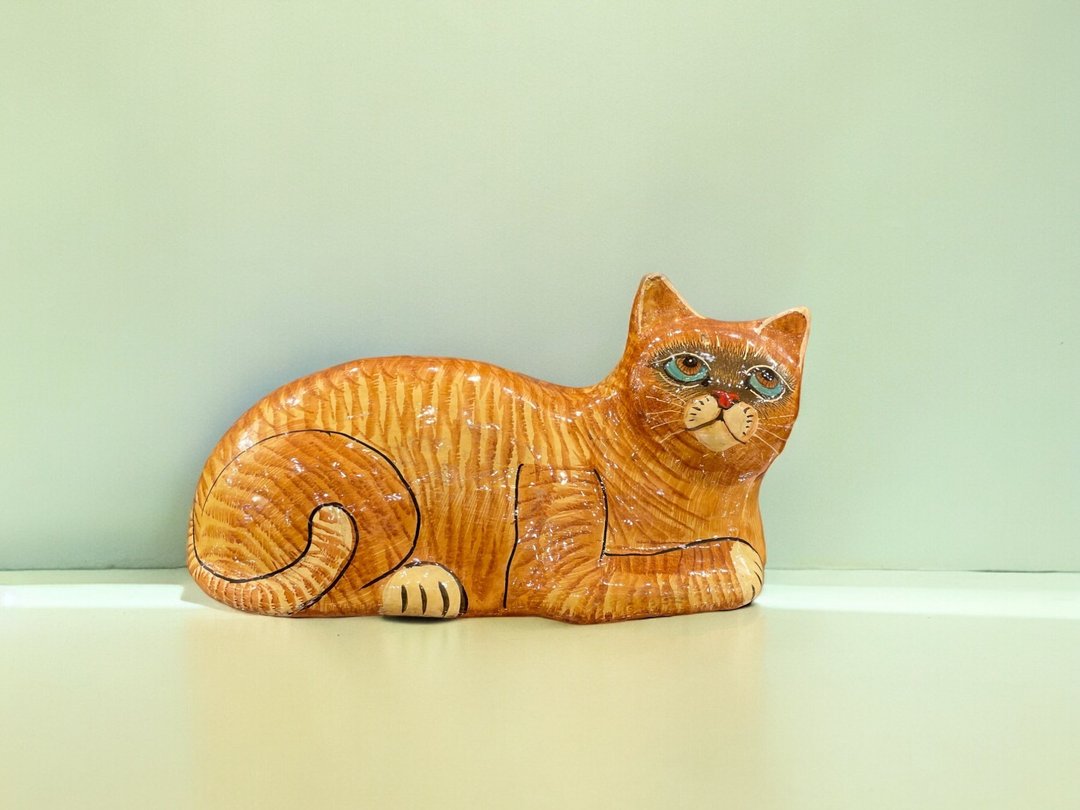 印度喀什米尔 手工漆纸器 彩绘猫咪摆饰 - 橘猫 - 摆饰 - 木头 橘色