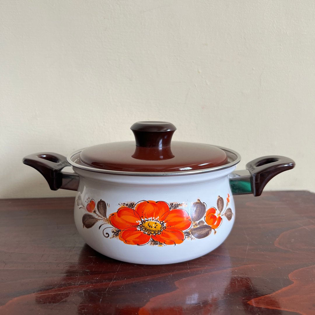 日本Sanko ware花花珐琅双耳锅 - 锅具/烤盘 - 珐琅 多色