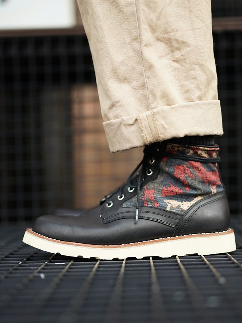 真皮拼色 圆头工装靴 男鞋 马丁靴 手工靴 - 男款靴子 - 聚酯纤维 黑色