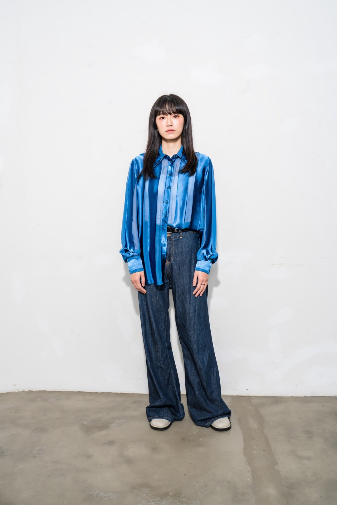 透视条纹长袖衬衫 See-through stripes Long-Sleeved shirt - 女装衬衫 - 丝．绢 蓝色