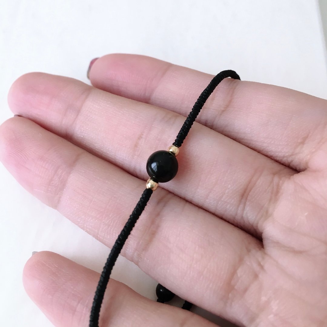 大黑曜石 金珠 极细 金刚结/ 避邪 神秘力量 守护 不再哭泣的宝石 - 手链/手环 - 其他材质 黑色