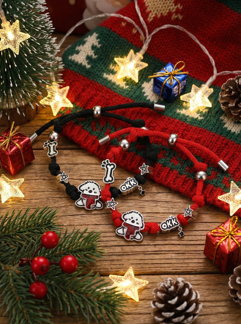 聖誕交換禮物 圍巾小狗紅繩手鍊 手工編織骨頭星星 情侶閨蜜對鍊 - 手链/手环 - 棉．麻 红色