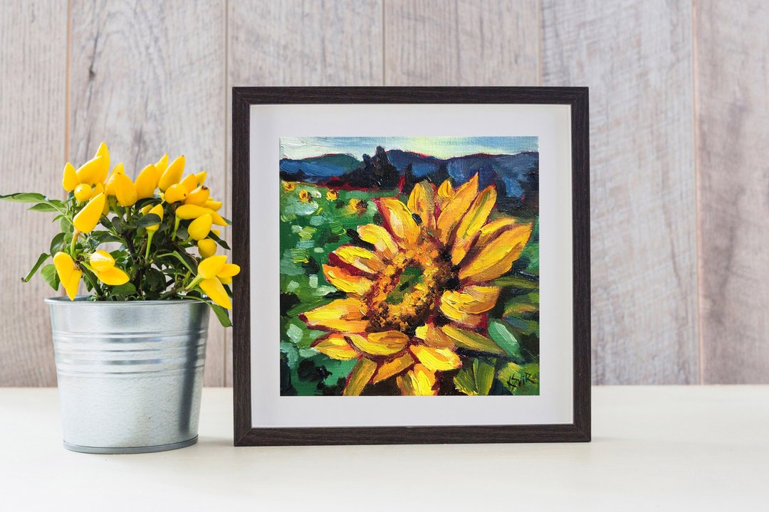 Sunflower Painting Floral Original Art Flowers Oil Painting Small Artwork - 海报/装饰画/版画 - 其他材质 多色
