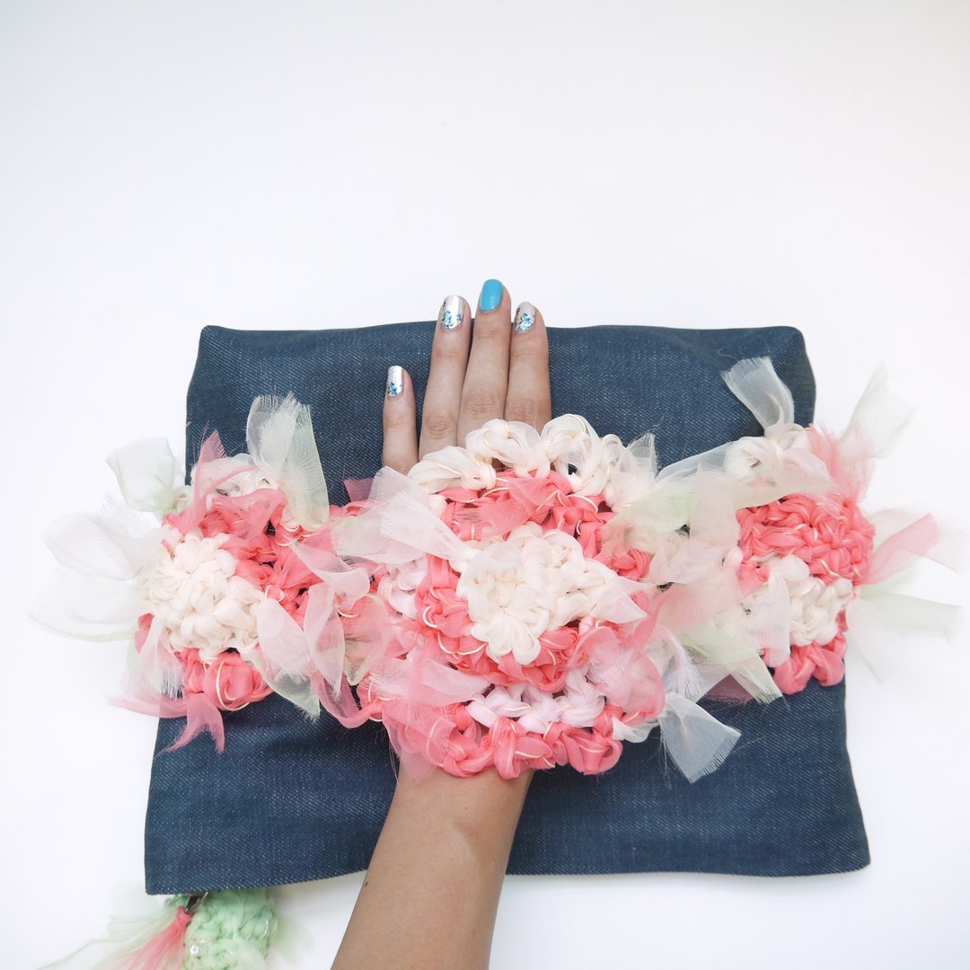clutch! Bloom knitting Flower × denim pouch - 其他 - 棉 粉红色