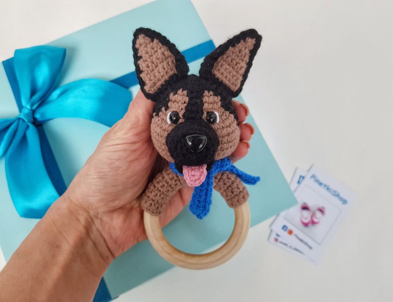Baby rattle dog German Shepherd, baby toy, crochet teether, puppy toy - 玩具/玩偶 - 其他材质 