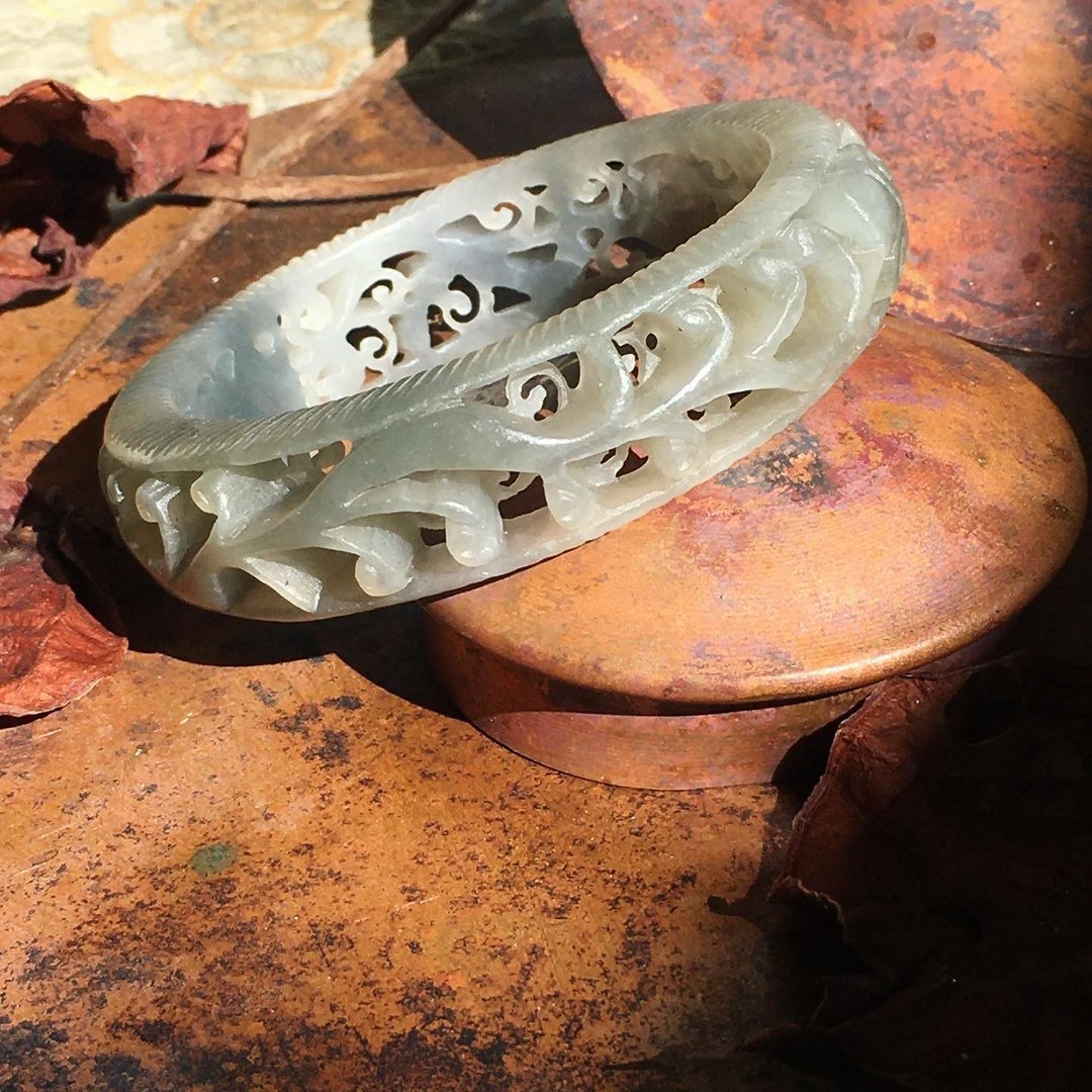 【Lost and find】雕刻 缕空 金鱼 藕粉 烟紫 和田玉 手镯 56.5 - 手链/手环 - 宝石 紫色