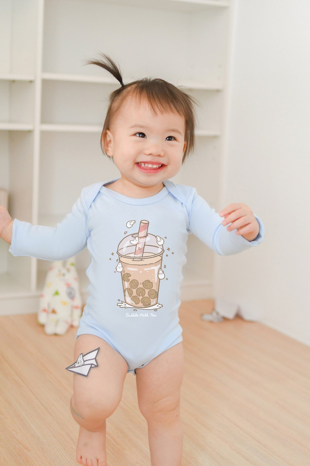 Baby 长袖连身包屁衣 - 麻糬兔珍珠奶茶 (天空蓝) - 包屁衣/连体衣 - 棉 蓝色