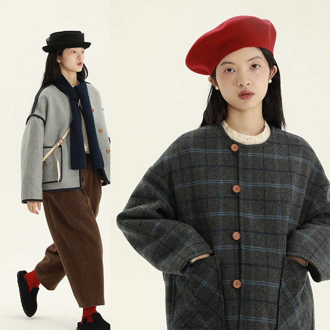 复古灰格子 两面穿 短款双面尼外套 羊毛大衣 - 女装休闲/机能外套 - 羊毛 多色