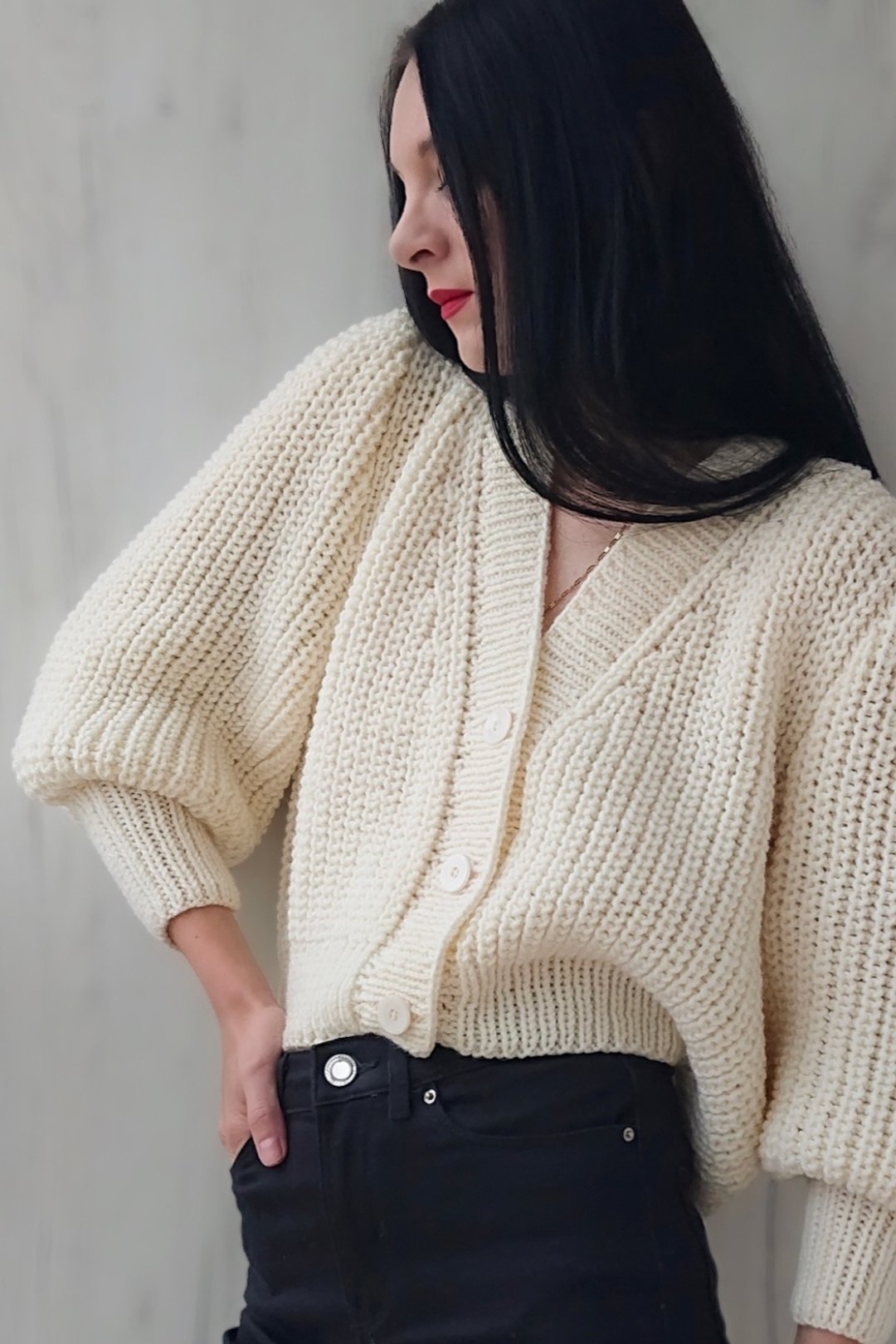 Puff sleeve cardigan Cropped sweater with buttons White knit jacket Oversize top - 女装针织衫/毛衣 - 羊毛 
