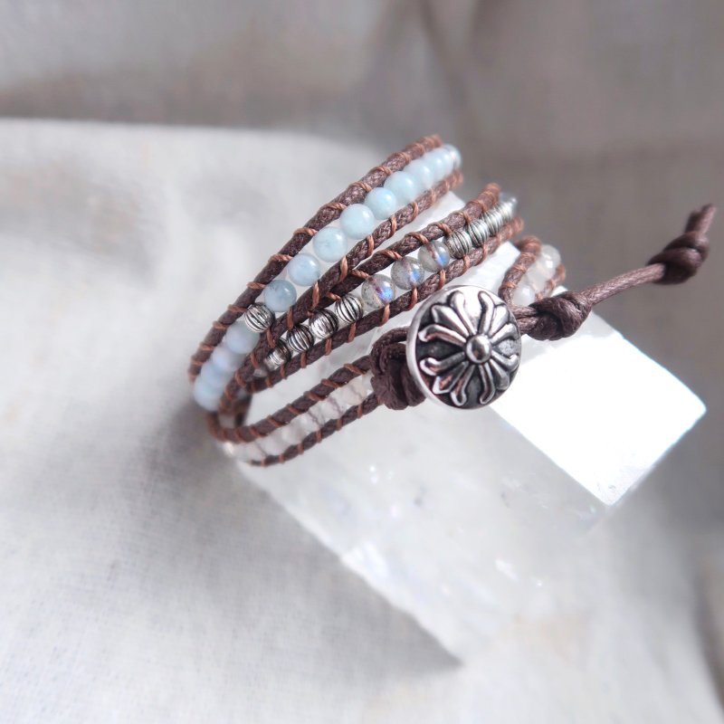 天然石编织手环-大海系 海蓝宝 月光石 - 手链/手环 - 半宝石 蓝色