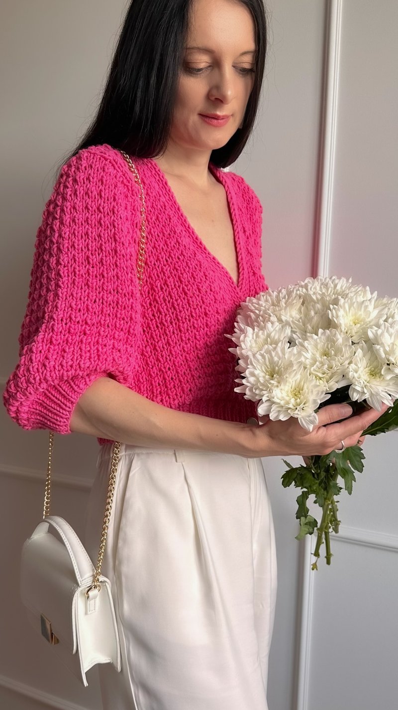 三 வண்ணப்பூச்சு灯笼袖华夫格针织上衣 玫瑰色手工开襟外套 棉质夏季上衣 - 女装上衣 - 棉．麻 