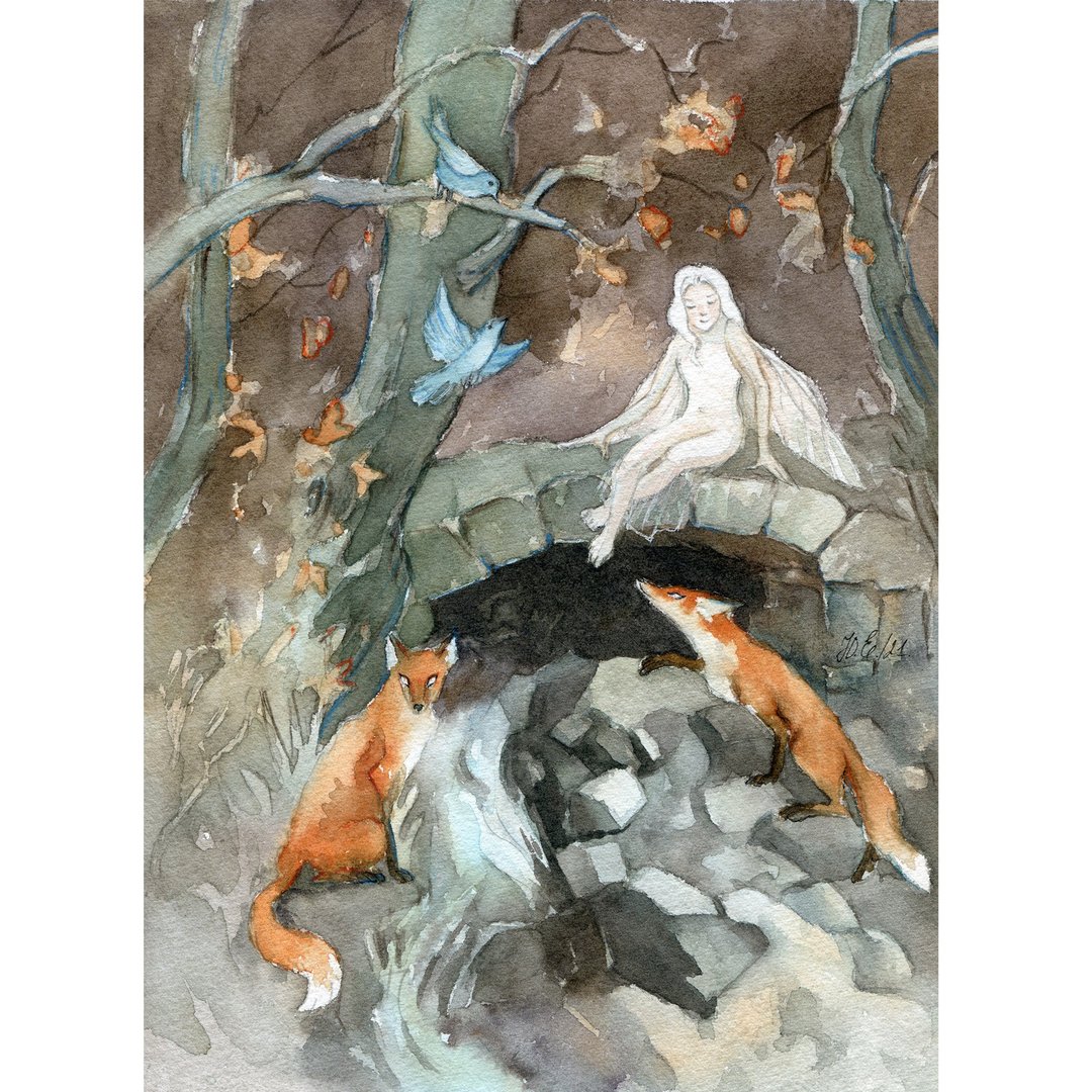 Fairy Fantasy painting Original watercolor art Fox Spirits by Yulia Evsyukova - 海报/装饰画/版画 - 纸 卡其色
