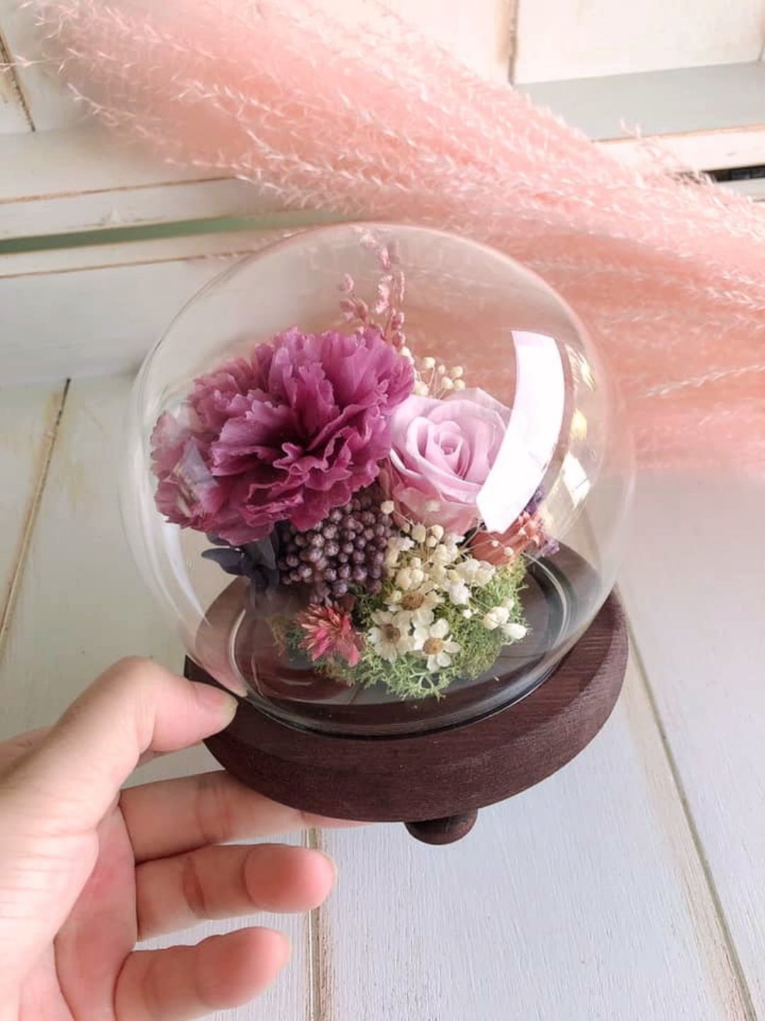 温馨水晶玻璃球/夜灯(康乃馨/芋紫/粉玫) - 干燥花/捧花 - 植物．花 
