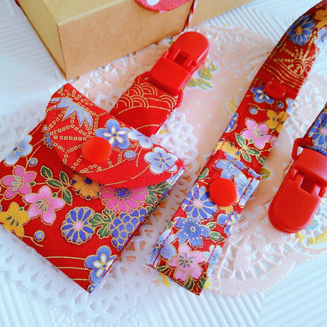 红繁花留金 平安符袋+加长版可调奶嘴夹组合 - 围嘴/口水巾 - 棉．麻 红色