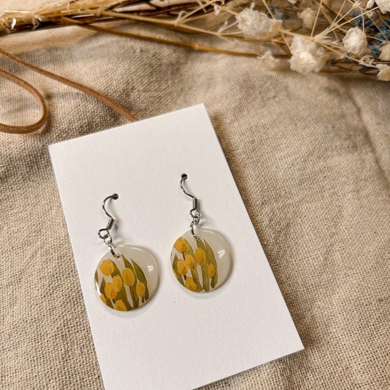 郁金香 / 手绘【热缩片】耳饰 - 耳环/耳夹 - 塑料 黄色