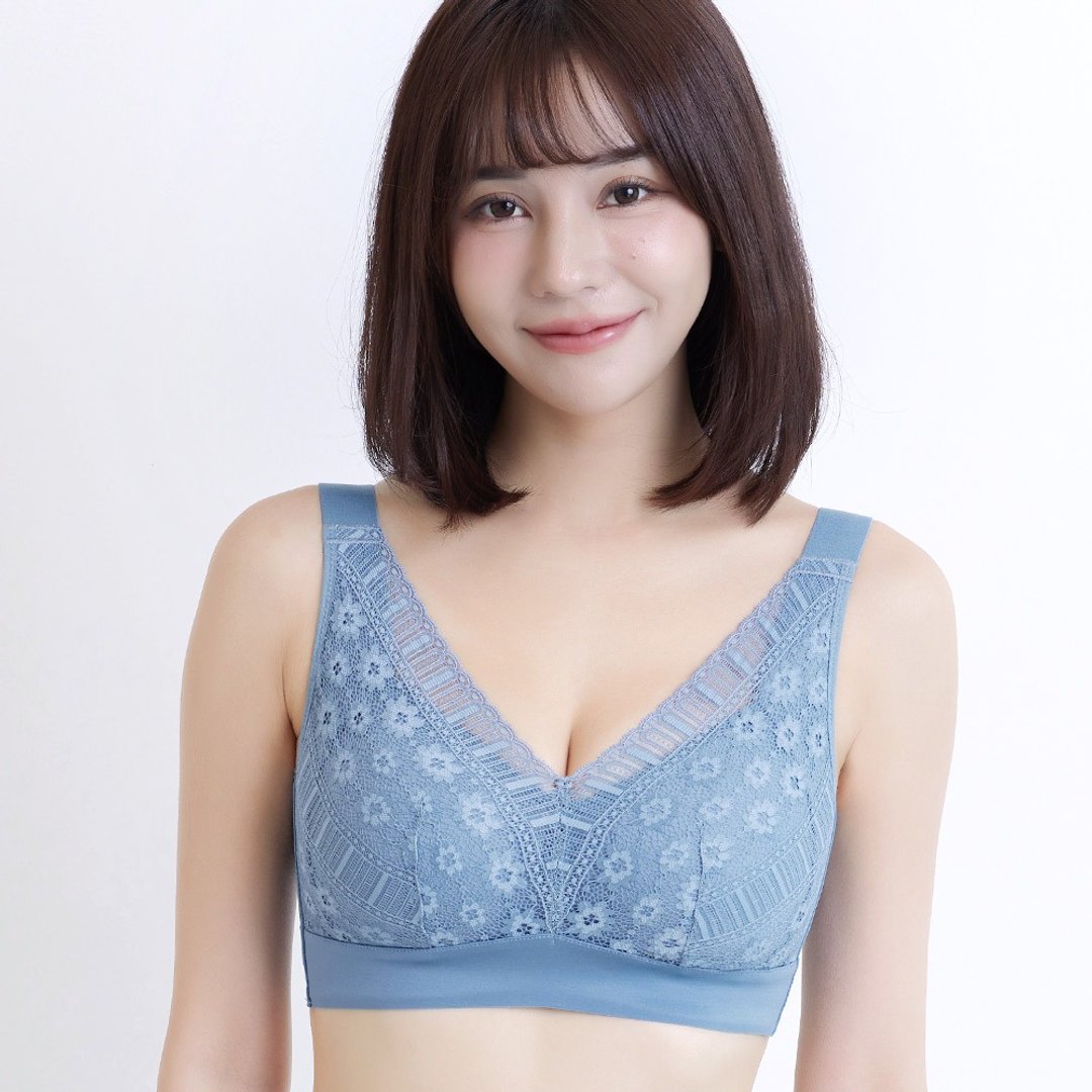 Pink Lady无钢圈 C-E罩杯 零束缚无痕侧背片柔软花蕾丝内衣 - 女士内衣裤 - 尼龙 蓝色