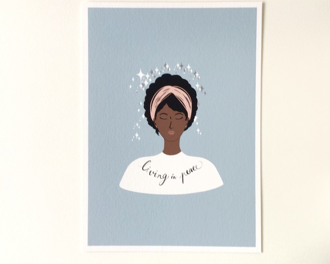 Living in Peace, Meditating Afro Woman, Feminist Giclée Art Print A5 - 海报/装饰画/版画 - 纸 