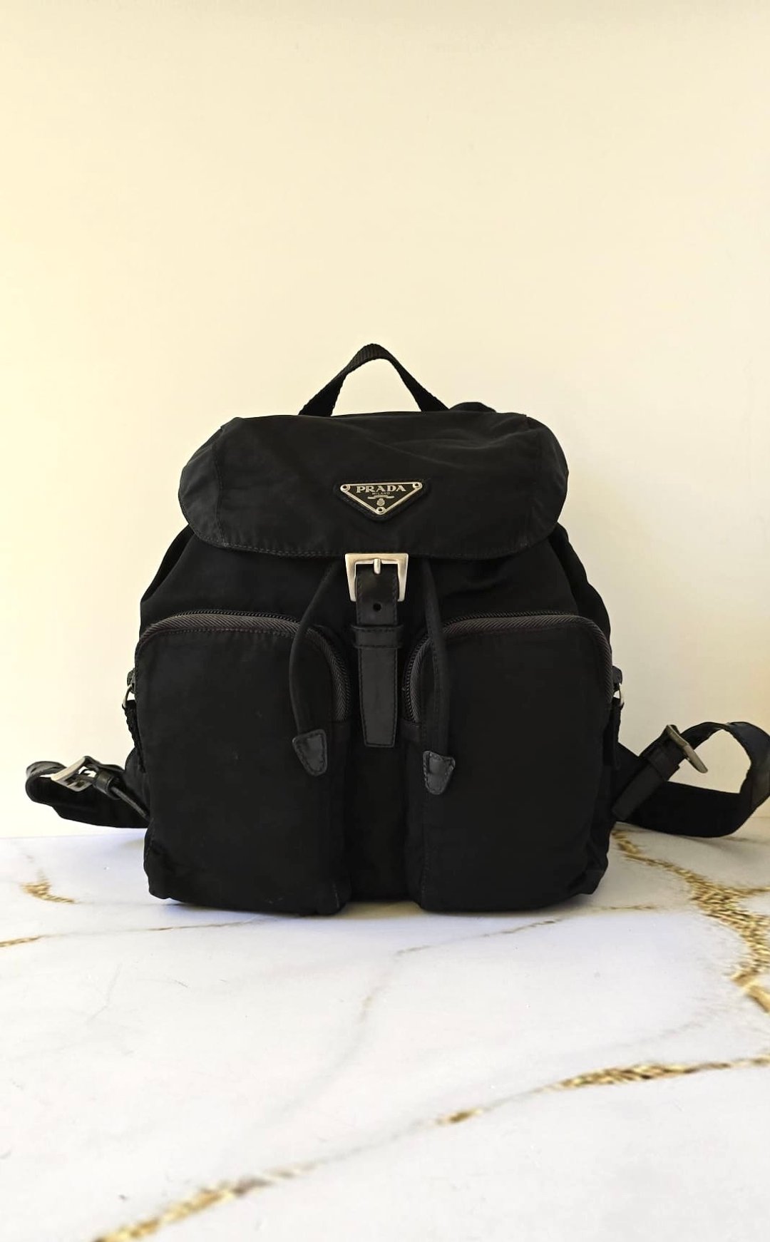 绝版古董品 Prada 黑色银标尼龙双肩包 后背包 背囊 中古包 二手包 - 后背包/双肩包 - 防水材质 黑色