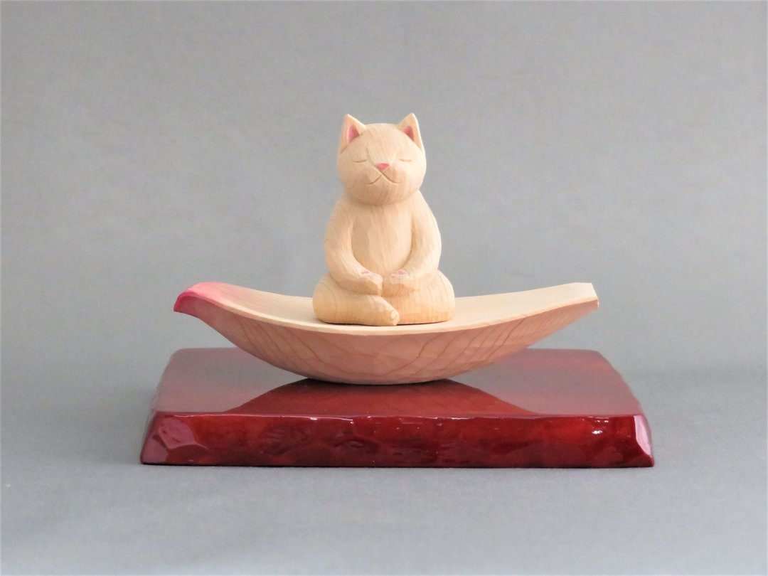 Wood carving Cat Buddha 1925 - 玩偶/公仔 - 木头 粉红色