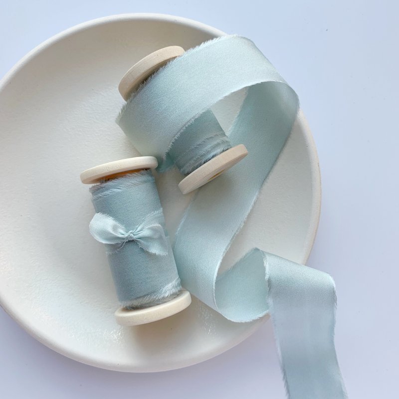 Mint Blue Silk Ribbon / Hand Dyed Silk ribbon on Wood Spool - 包装材料 - 丝．绢 蓝色