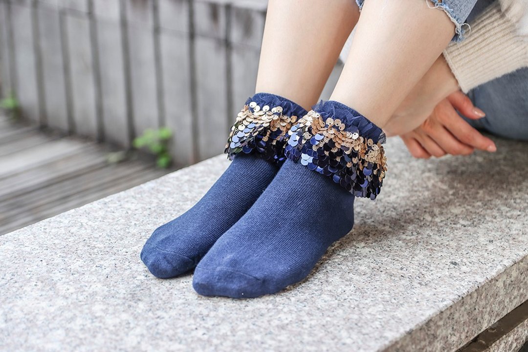 Unni星光花边袜花边袜 短袜 袜子 鞋履袜品  socks 保暖 冬天袜 - 袜子 - 棉 蓝色