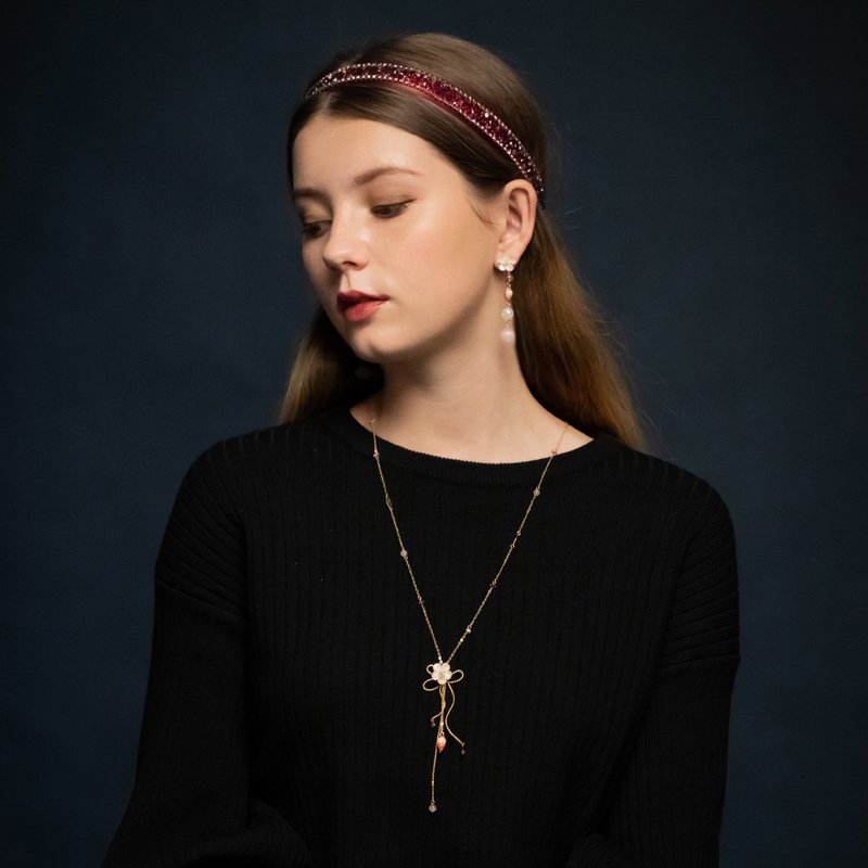 莓愿粉晶蝴蝶结925纯银镀14K金长项链 - 手工制作饰品 - 长链 - 粘土 粉红色