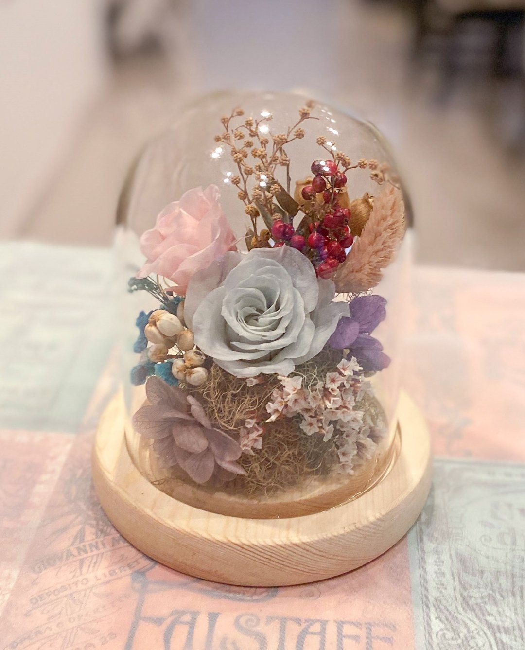 永生花玻璃盅 夜灯 永生玫瑰 原木槽灯 防尘罩 情人节 礼物 - 干燥花/捧花 - 玻璃 粉红色