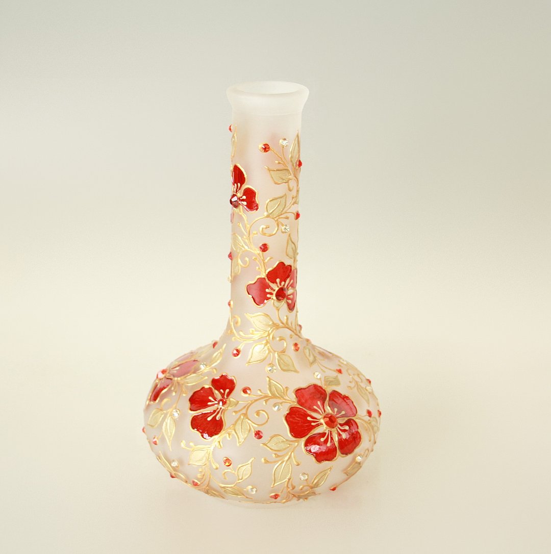 Gold Red Flowers Glass Vase, SWAROVSKI Crystals, Hand-painted - 摆饰 - 玻璃 红色