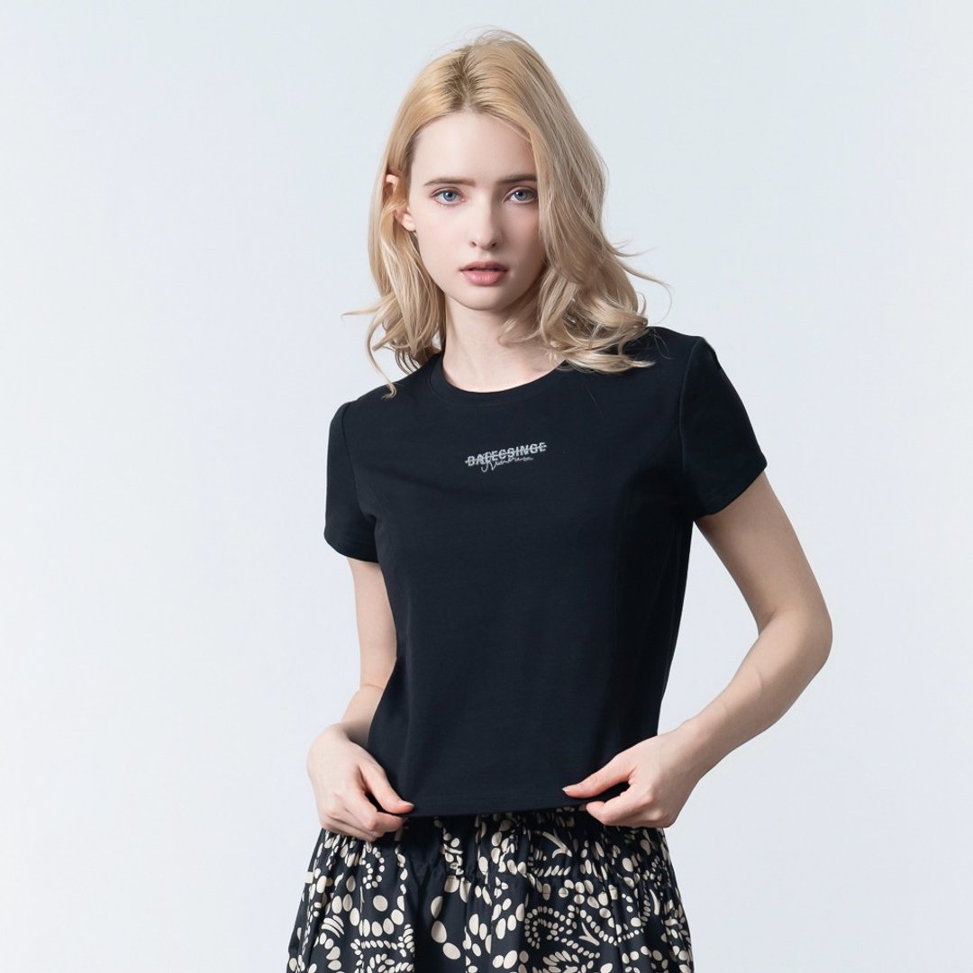 【MEDUSA】极简素黑收腰字母T恤(M-XL) | 收腰显瘦 女休闲上衣 - 女装 T 恤 - 棉 黑色