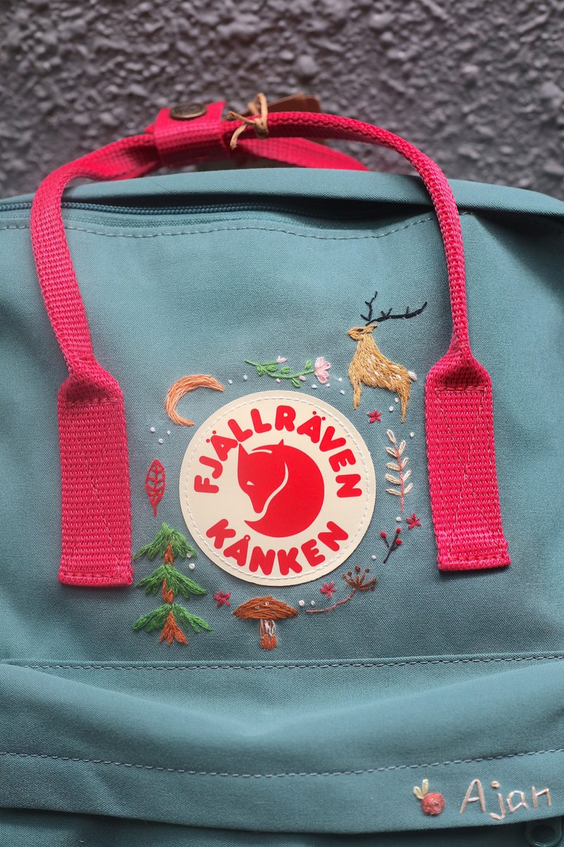 北欧森林主题--kanken霜绿粉带包包--手工刺绣订制 - 后背包/双肩包 - 防水材质 