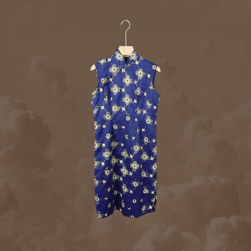 二手 福利品 深蓝色 香槟金色绣花 古董订制 无袖 旗袍 CA1125 - 洋装/连衣裙 - 聚酯纤维 蓝色