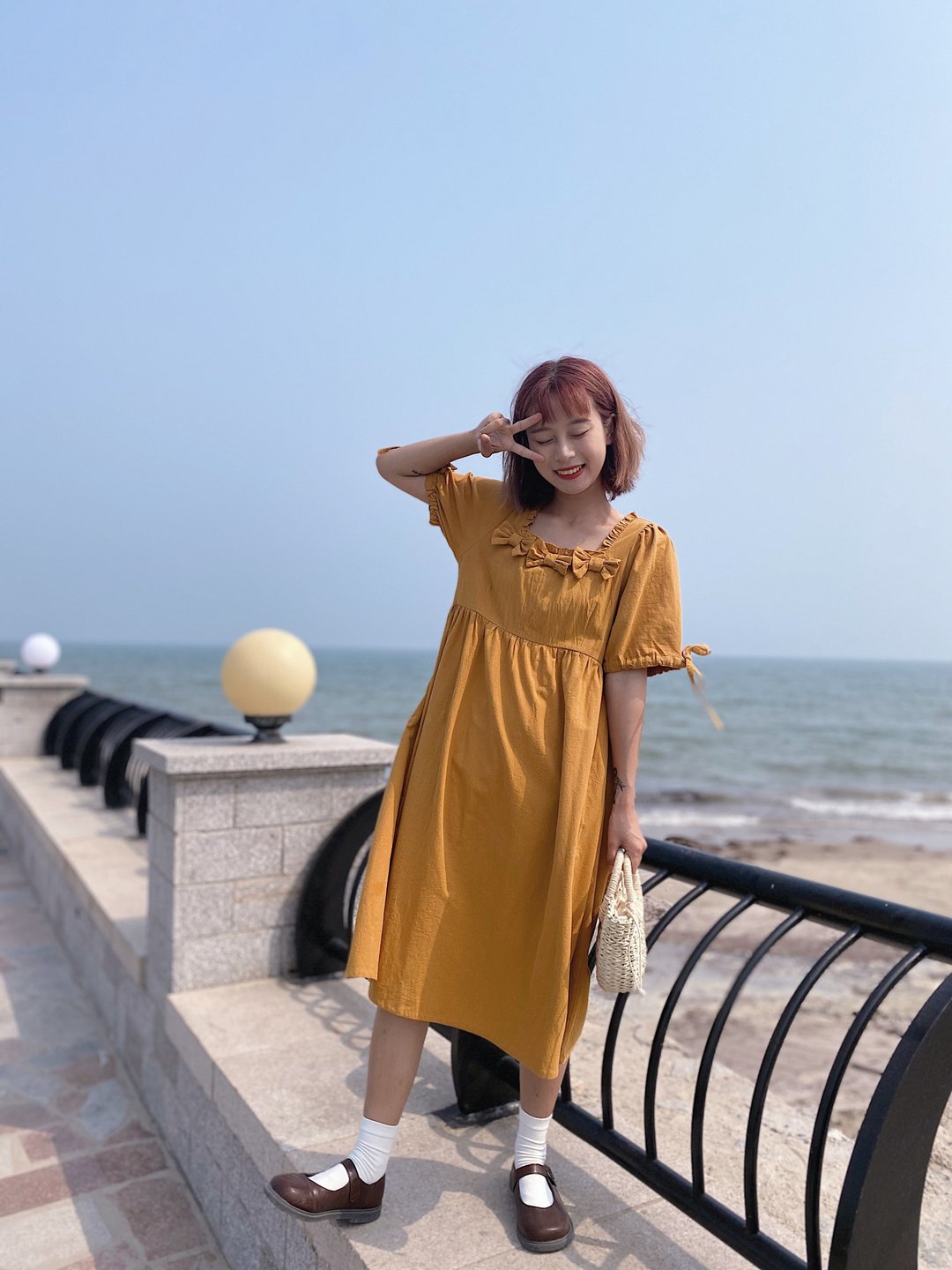 可爱蝴蝶结 花边方领 显瘦高腰短袖 系带连衣裙 夏季 - 洋装/连衣裙 - 棉 黄色