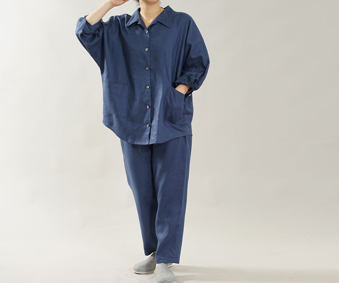 wafu Linen pajamas / tops / bottoms / sleepwear / blue r008a-bum2 - 居家服/睡衣 - 棉 蓝色