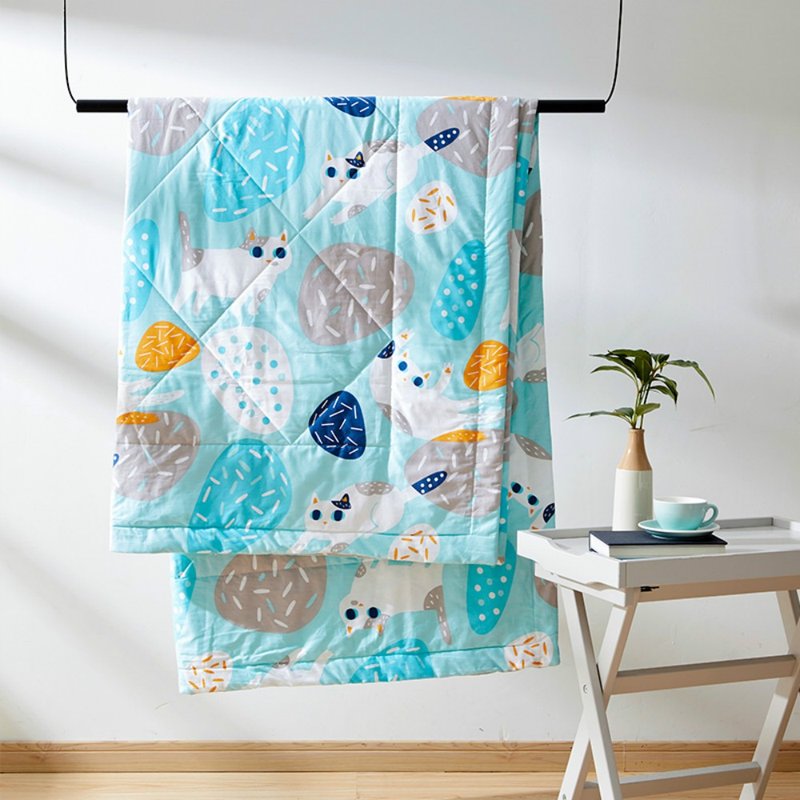 團團喵 原創手繪貓咪空調薄被子蓋毯 加大雙人兒童夏天家居寢具 - 被子/毛毯 - 棉．麻 蓝色