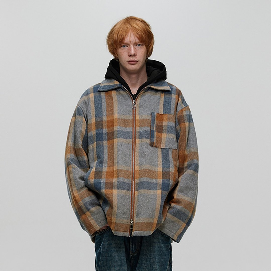 MOKACME 23FW 定织复古苏格兰格纹保暖拉链棉服外套 - 男装外套 - 聚酯纤维 卡其色