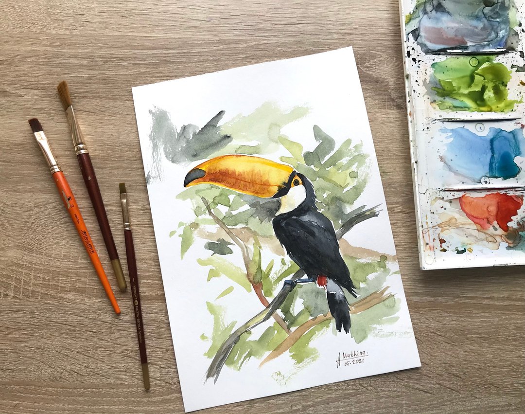 Toucan painting Original watercolor drawing Bird painting A4 size wall art - 墙贴/壁贴 - 纸 橘色