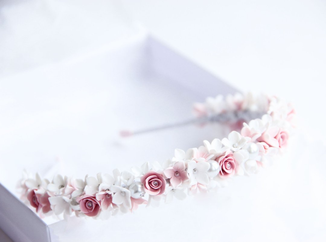 Floral bridal headband Bridal flower crown Handmade Jeweled headband - 发饰 - 粘土 