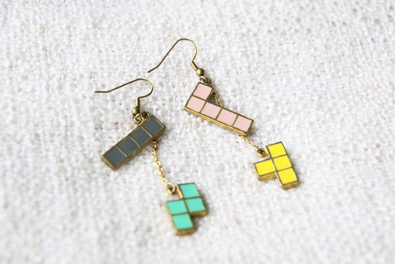 Tetris Earrings - Handmade Jewelry - September Room - 耳环/耳夹 - 其他金属 金色