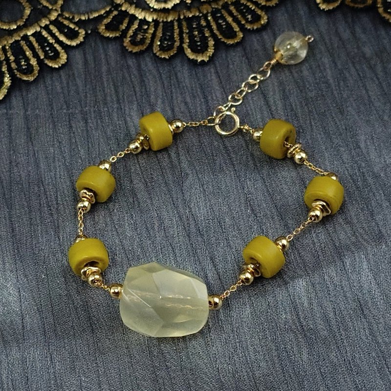 手链 柠檬黄水晶 印度手工琉璃珠 管珠 黄钛晶 包金 宝石 手珠 - 手链/手环 - 宝石 