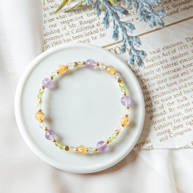 梦境 钛晶-薰衣草紫晶-橄榄石-葡萄石-14k包金材料 母亲节礼物 - 手链/手环 - 其他金属 多色