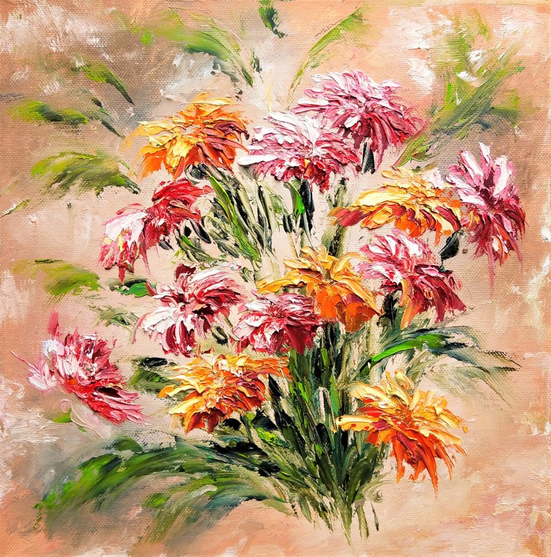 Daisies Painting Flowers Original Artwork Floral Wall Decor 30x30 cm/12x12 in - 海报/装饰画/版画 - 棉．麻 多色
