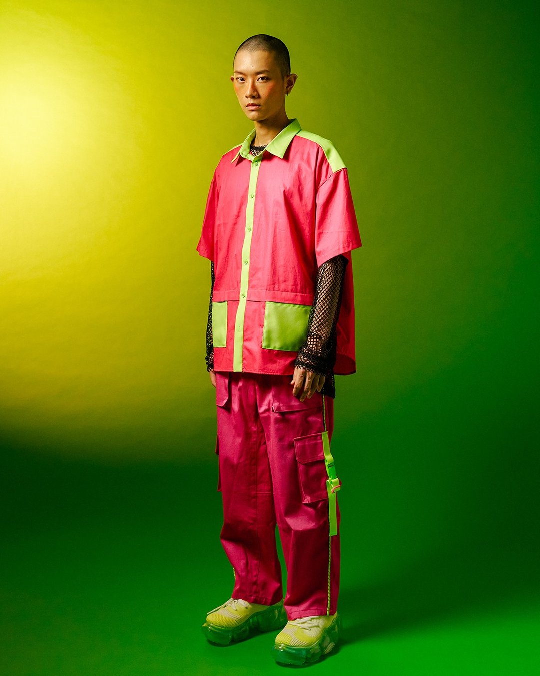 桃红撞色短袖衬衫 - 男装衬衫 - 棉 红色