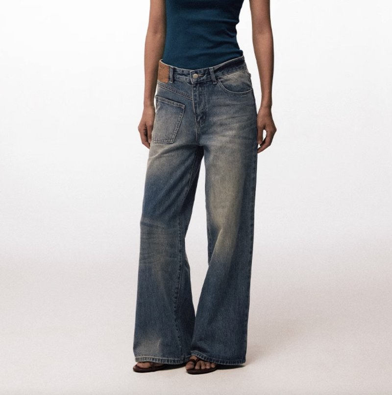 错位解构 / 水洗直筒牛仔长裤 - 女装长裤 - 其他材质 蓝色