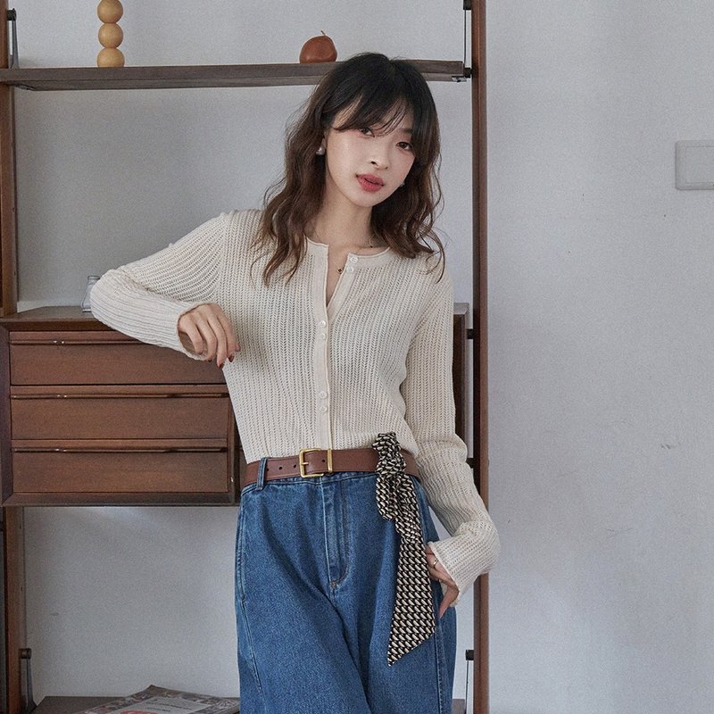 仿蕾丝钩花薄开衫|针织衫|外套|两色|春款|Sora-1749 - 女装针织衫/毛衣 - 棉．麻 多色