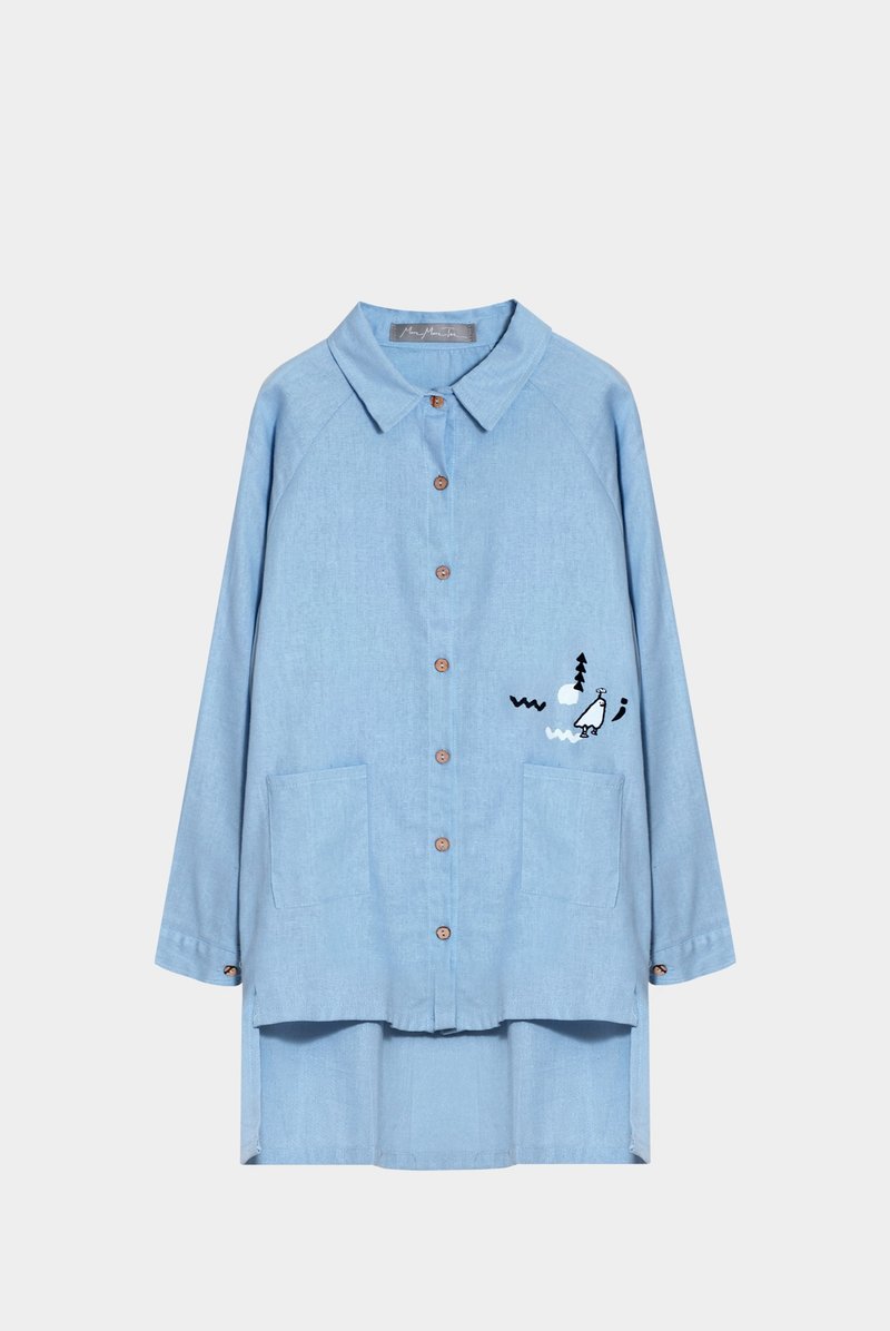 【最后一件】小鬼头捉迷藏／前短后长晴空色棉麻衬衫 - 女装衬衫 - 棉．麻 蓝色