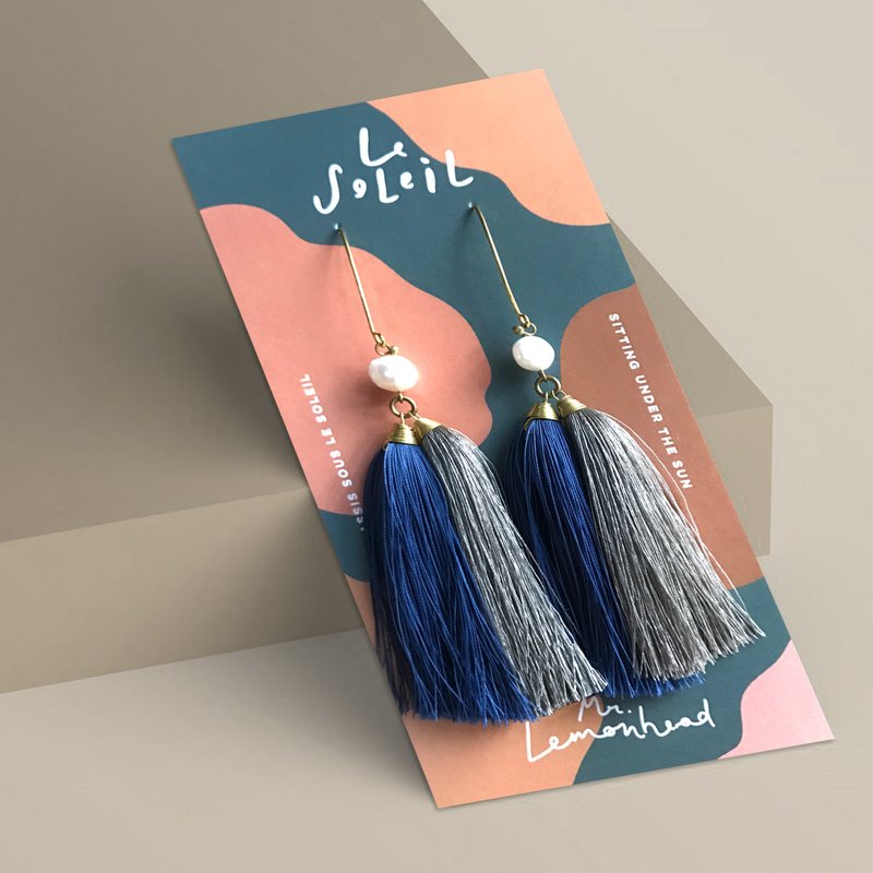 Tassel earrings light blue and gray with real pearl - 耳环/耳夹 - 绣线 银色