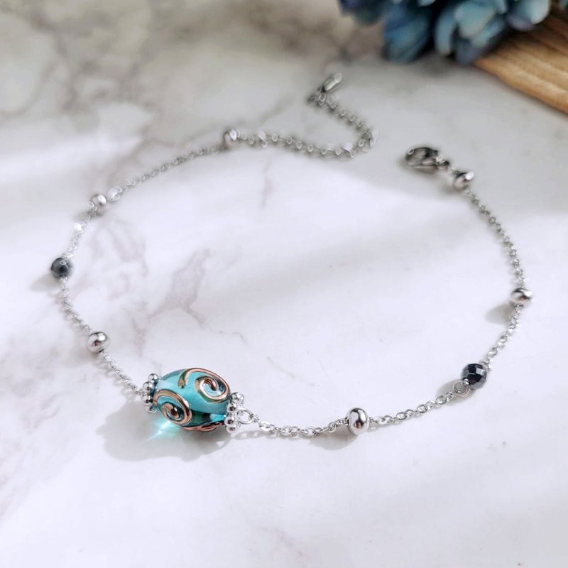 蓝调舞曲。蓝色琉璃与黑胆石造型  白钢脚链 - 脚链/脚环 - 琉璃 蓝色